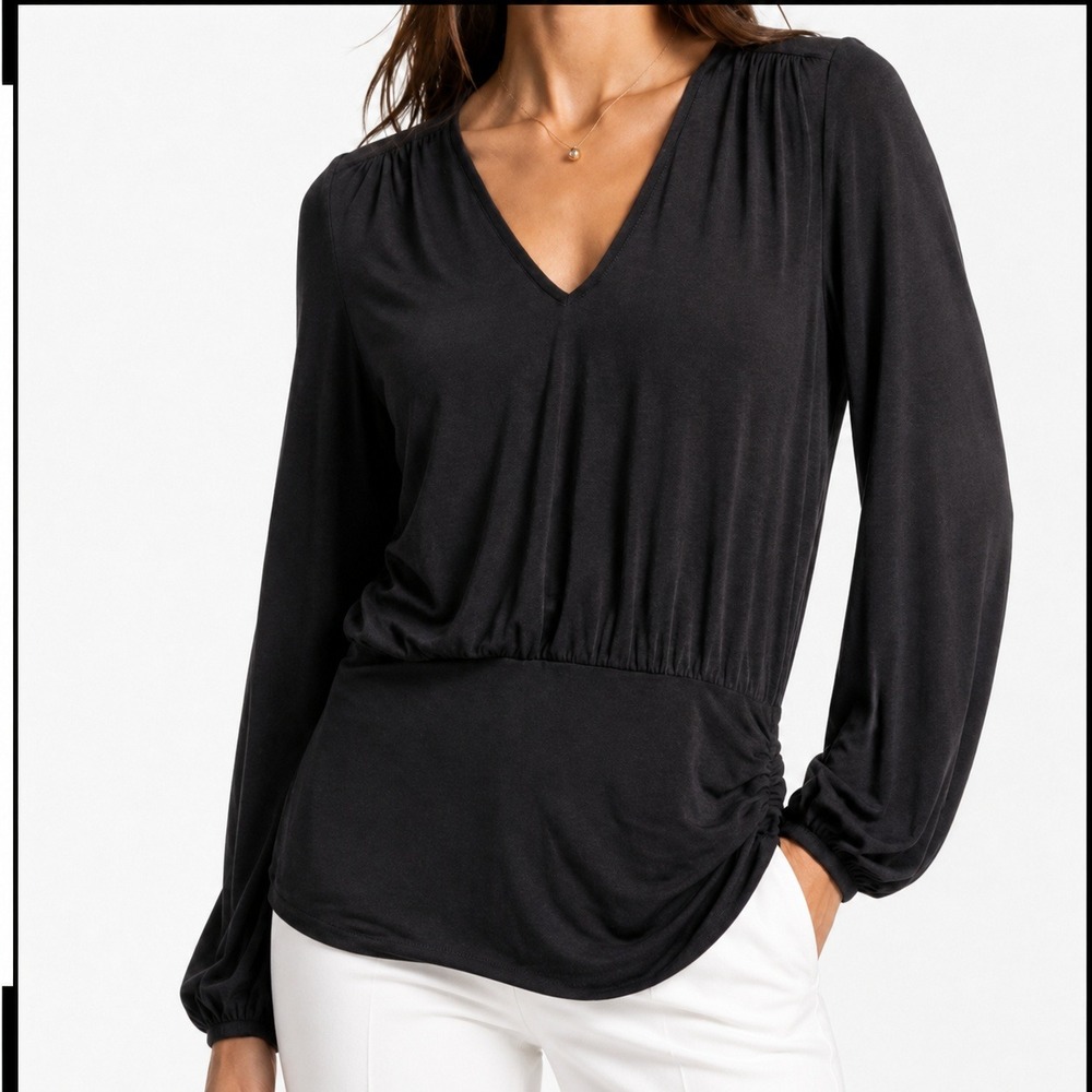 WHBM White House Black Market Black V-Neck Ruched Waist Long Sleeve Top XXS NEW